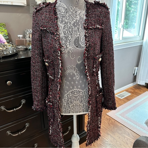 Zara Basic Tweed Longline Coat Jacket XS Black Red Fringe Bouclé - Picture 2 of 16